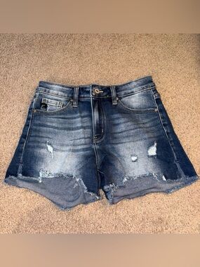KanCan Dark Wash Distressed Denim Shorts